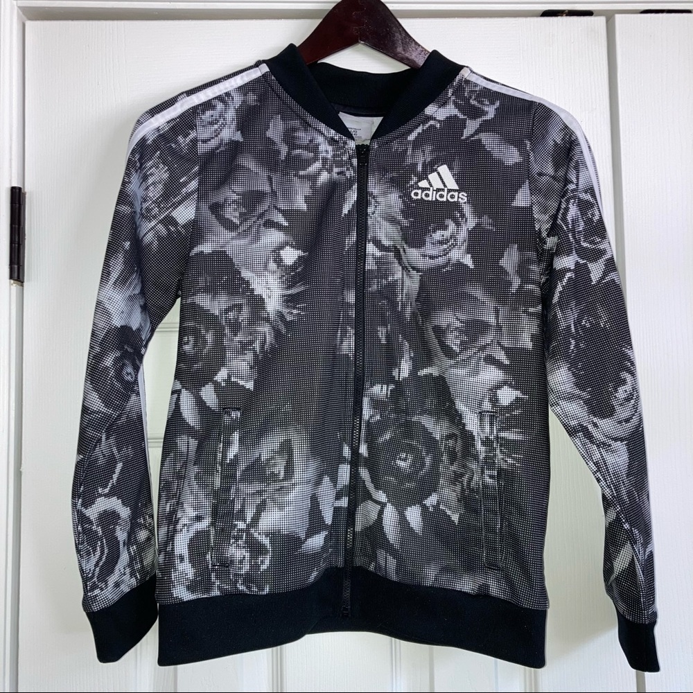 adidas gray black white pixelated floral zip jacket large (14)